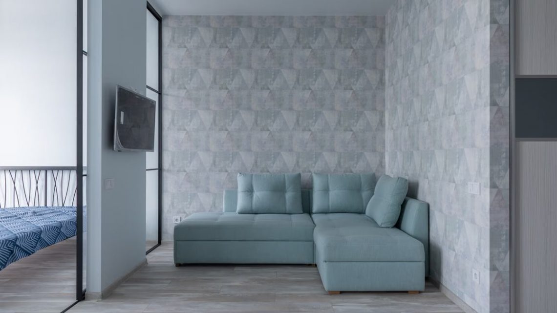 Comfortable sofa with cushions placed near wall with wallpaper and bedroom with glass wall and bed in modern flat with TV